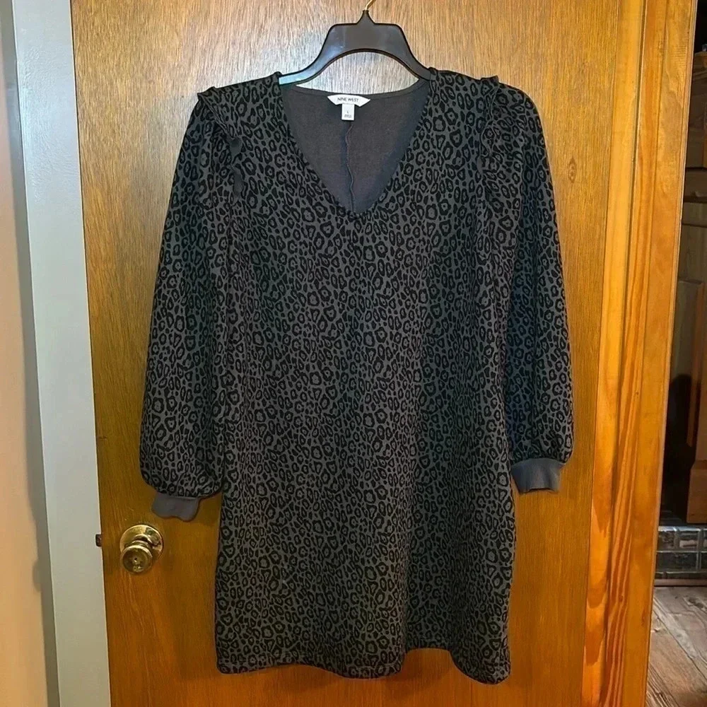 Nine West Fleece Lined Black/Gray Animal Print Sweatshirt Dress Size XL